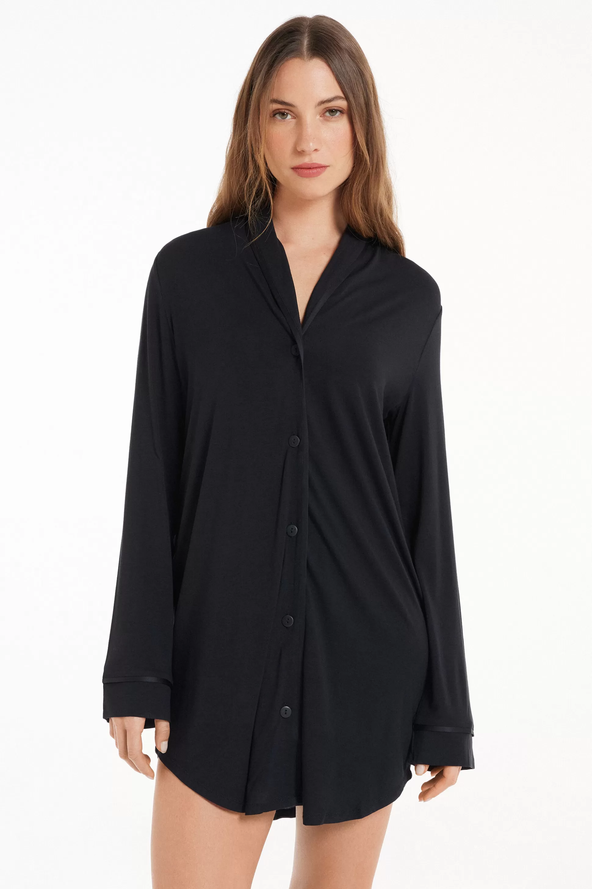 Camicia Da Notte Manica Lunga Con Bottoni Profili Raso - Camicie Da Notte E Vestaglie - Donna | >Tezenis Fashion