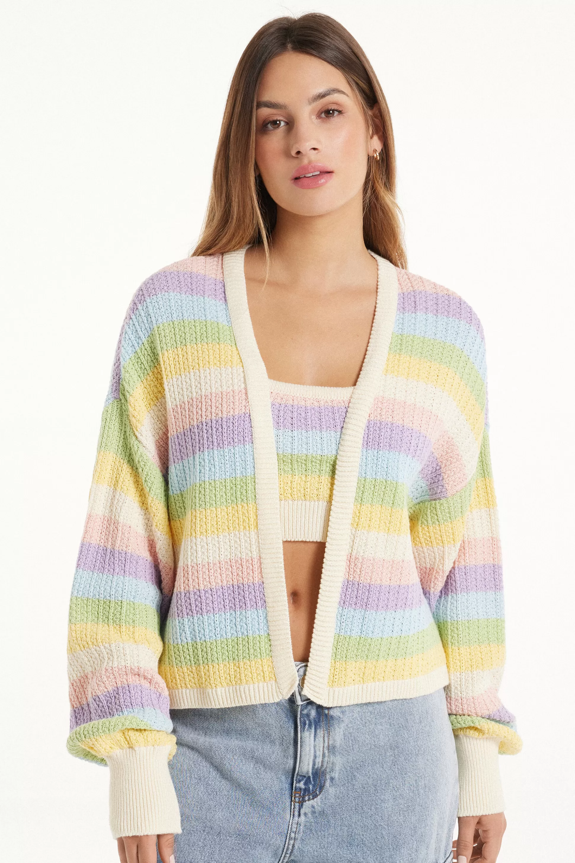 Cardigan Corto Maniche Lunghe Righe Cotone Calato - Cardigan E Maglioni - Donna | >Tezenis New