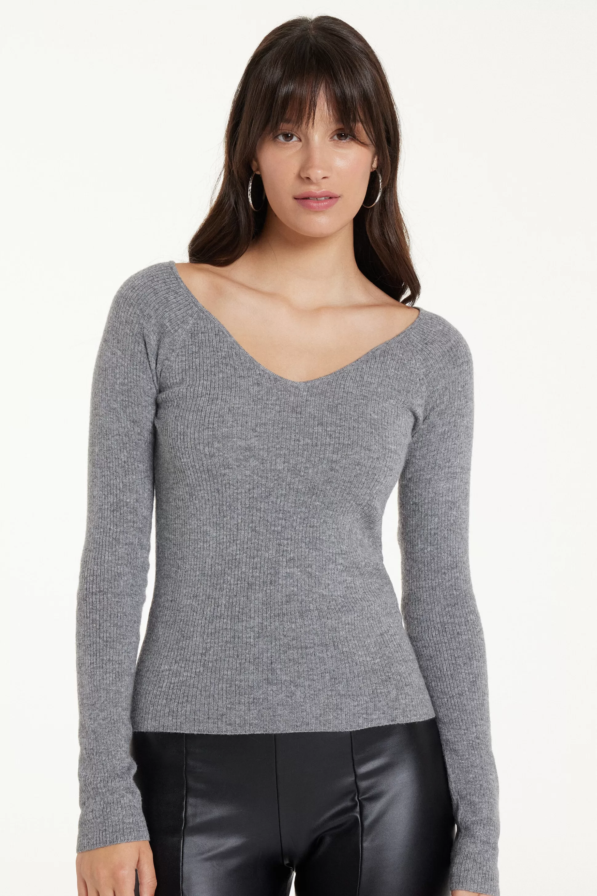 Maglia Pesante Manica Lunga Scollo A V Costine Con Lana - Cardigan E Maglioni - Donna | >Tezenis Best