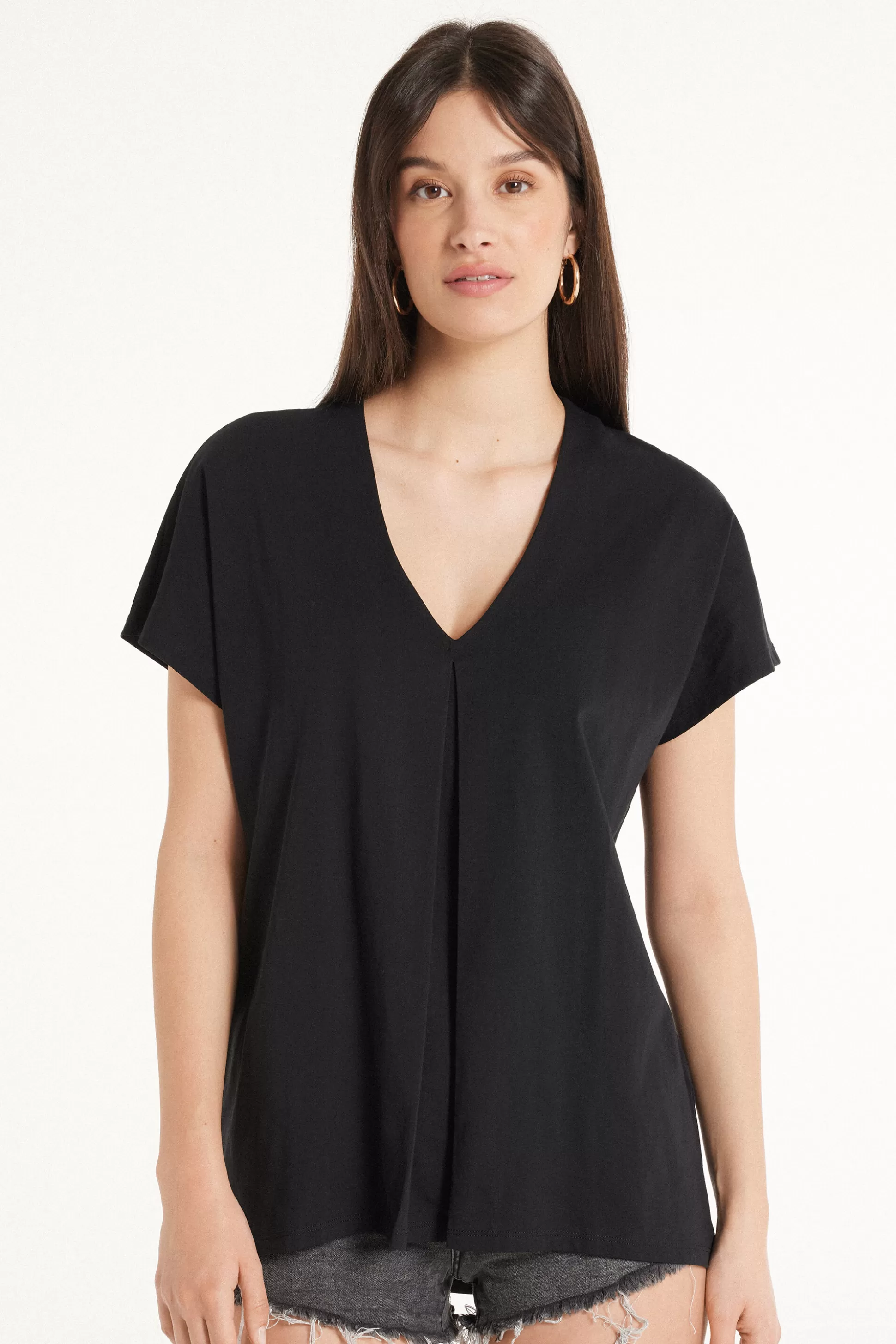 T-Shirt Scollo A V Con Pince In Cotone - Magliette Maniche Corte - Donna | >Tezenis Best Sale