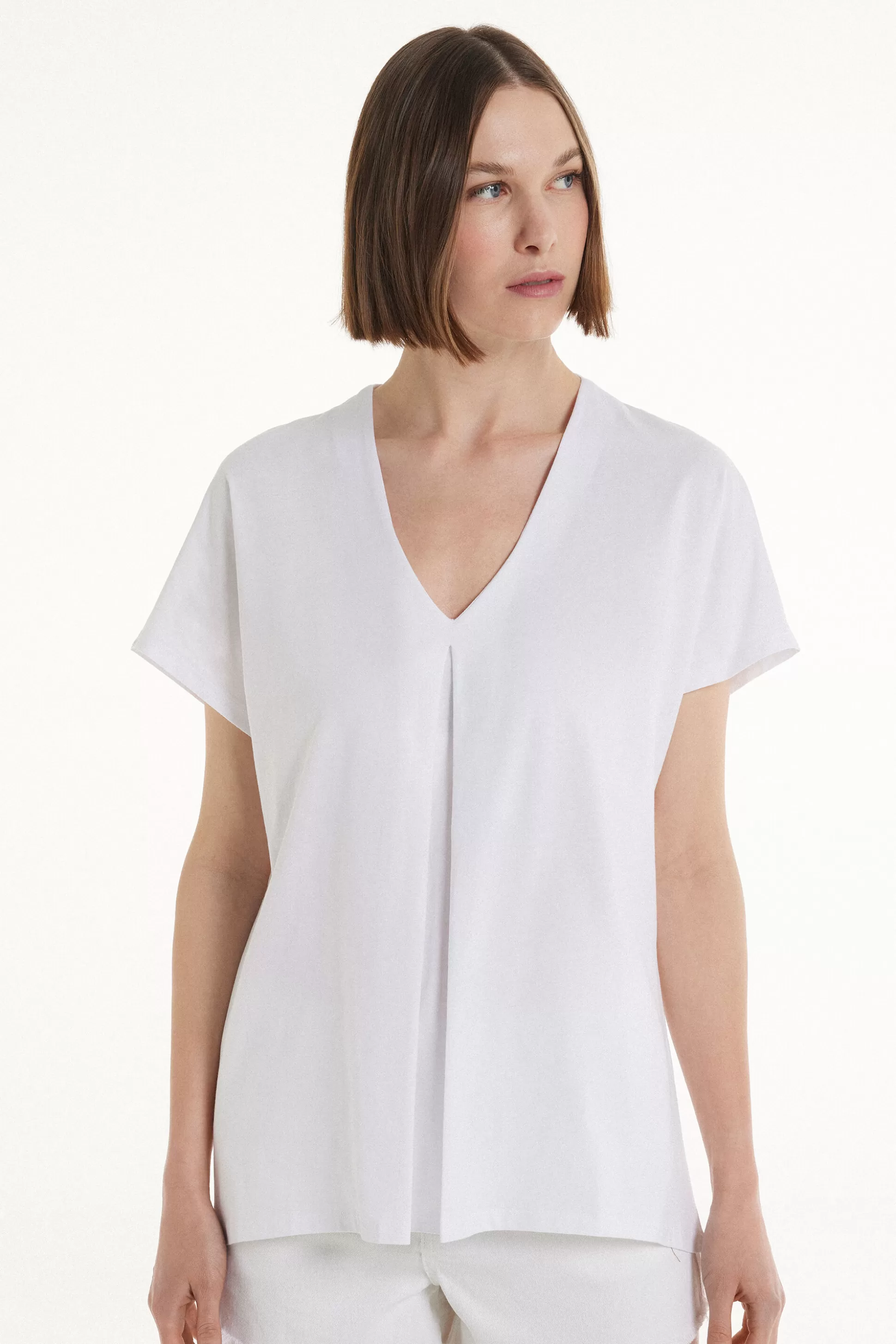 T-Shirt Scollo A V Con Pince In Cotone - Magliette Maniche Corte - Donna | >Tezenis Fashion